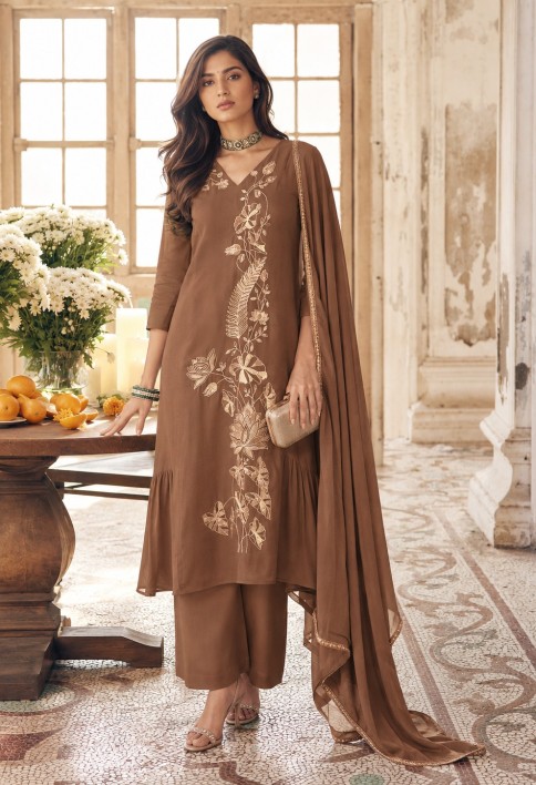 Sonorous Embroidered Chanderi Brown Salwar Kameez